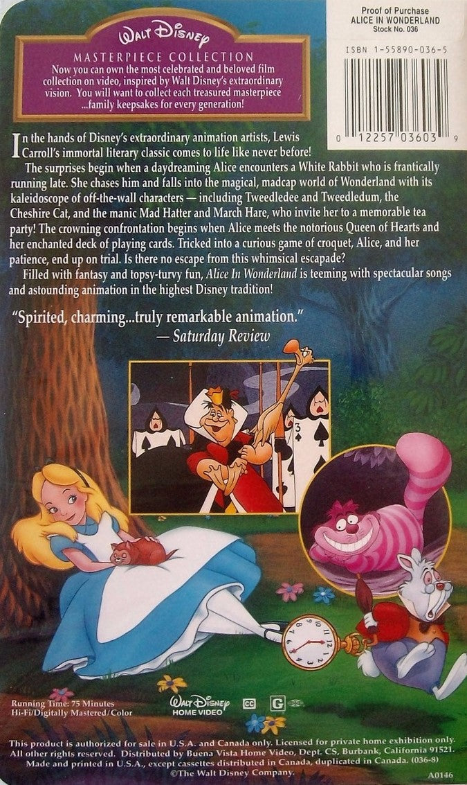 Disney's Alice in Wonderland (VHS, 1951, Clamshell) Masterpiece Collection