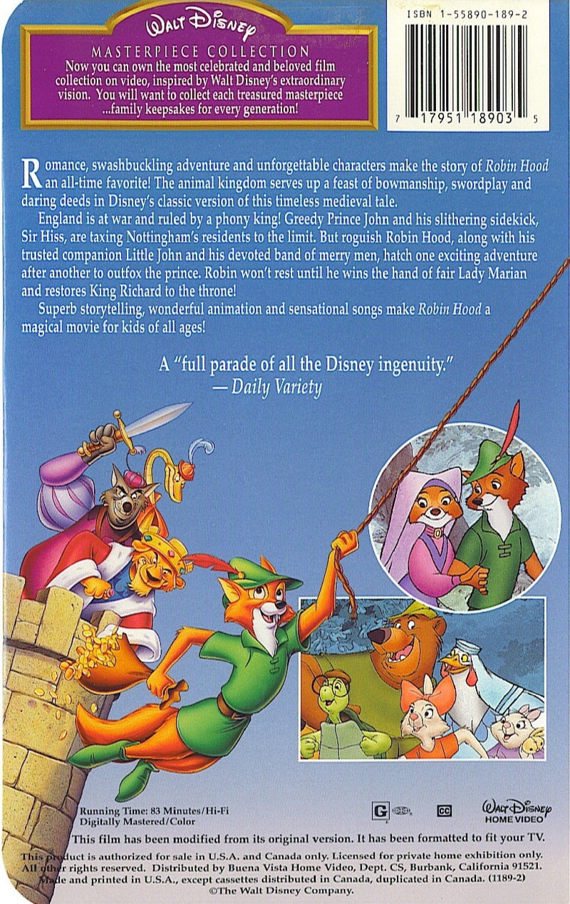 Disney's Robin Hood (VHS, 1973, Clamshell) Masterpiece Collection