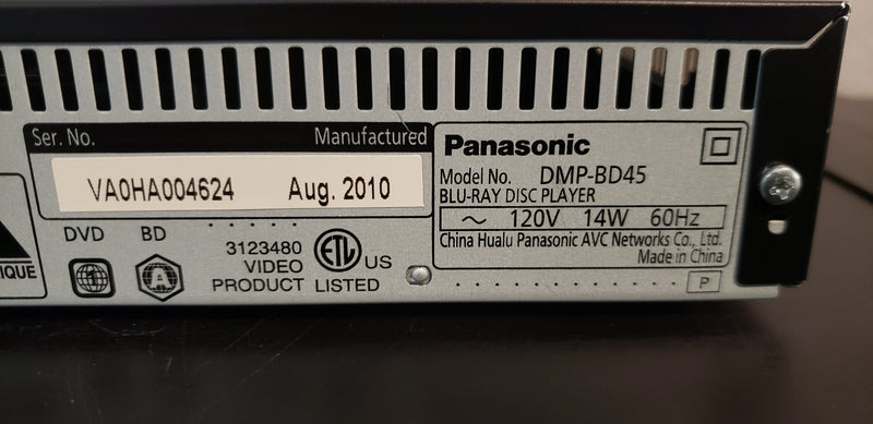 Panasonic DMP-BD45 Blu Ray/DVD Disc Player with Remote Control & Manual