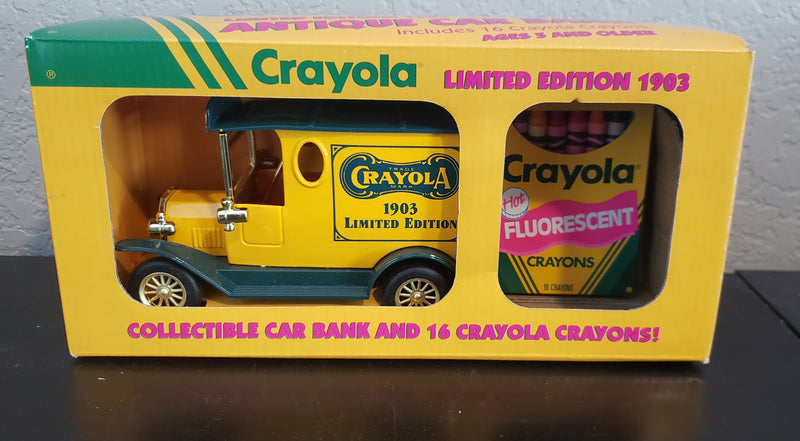 Crayola Limited Edition 1903 Antique Car Bank with 16 Hot Flourescent Crayons.