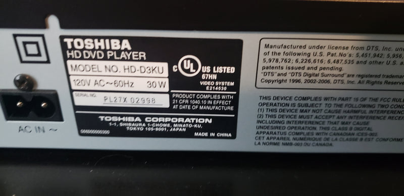 Toshiba HD-D3KU HD DVD Player with Remote Control, HDMI Cable & Manual