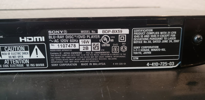 Sony BDP-BX59 3D Blu-Ray Player with WIFI- Includes HDMI Cable & Remote Control